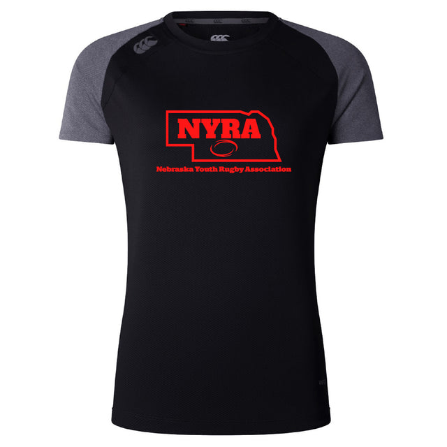 The WRS Canterbury Nebraska Youth Rugby Association Women's Elite Training Tee is a black and dark gray short sleeve shirt with a red NYRA logo, offering lightweight moisture-wicking performance for active days.