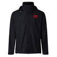 The Nebraska Youth Rugby Association Elite Storm Jacket by EMB Canterbury is a black hooded rain jacket with a red NYRA logo on the left chest, small white logo on the right shoulder, front zipper, and long sleeves. Breathable by Canterbury.