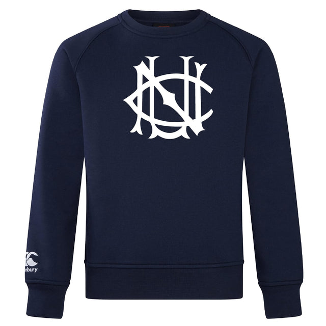 The UNC Rugby Club Crew Sweatshirt by WRS Canterbury is a navy blue crew with a bold white chest logo and a small CCC logo on the lower left sleeve, offering ultra-soft comfort and iconic style.