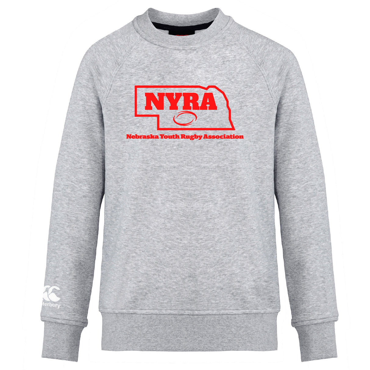 The Nebraska Youth Rugby Association Club Crew Sweatshirt by WRS Canterbury is an ultra-soft gray sweatshirt with a red "NYRA" logo, Nebraska outline, “Nebraska Youth Rugby Association” text, and an embroidered CCC logo on the front.