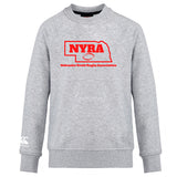 The Nebraska Youth Rugby Association Club Crew Sweatshirt by WRS Canterbury is an ultra-soft gray sweatshirt with a red "NYRA" logo, Nebraska outline, “Nebraska Youth Rugby Association” text, and an embroidered CCC logo on the front.