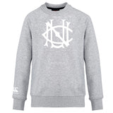 The UNC Rugby Club Crew Sweatshirt by WRS Canterbury features a large white embroidered CCC logo on the chest and a small white Canterbury logo on the left sleeve. This ultra-soft, light grey sweatshirt offers comfort and classic style.