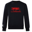 The Nebraska Youth Rugby Association Club Crew Sweatshirt by Canterbury features a black ultra-soft fabric, red NYRA logo with football and Nebraska outline on the chest, plus an embroidered CCC logo—classic WRS Canterbury style.