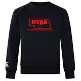 The Nebraska Youth Rugby Association Club Crew Sweatshirt by Canterbury features a black ultra-soft fabric, red NYRA logo with football and Nebraska outline on the chest, plus an embroidered CCC logo—classic WRS Canterbury style.
