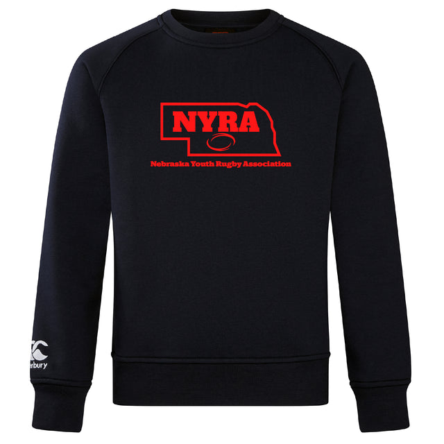 The Nebraska Youth Rugby Association Club Crew Sweatshirt by Canterbury features a black ultra-soft fabric, red NYRA logo with football and Nebraska outline on the chest, plus an embroidered CCC logo—classic WRS Canterbury style.