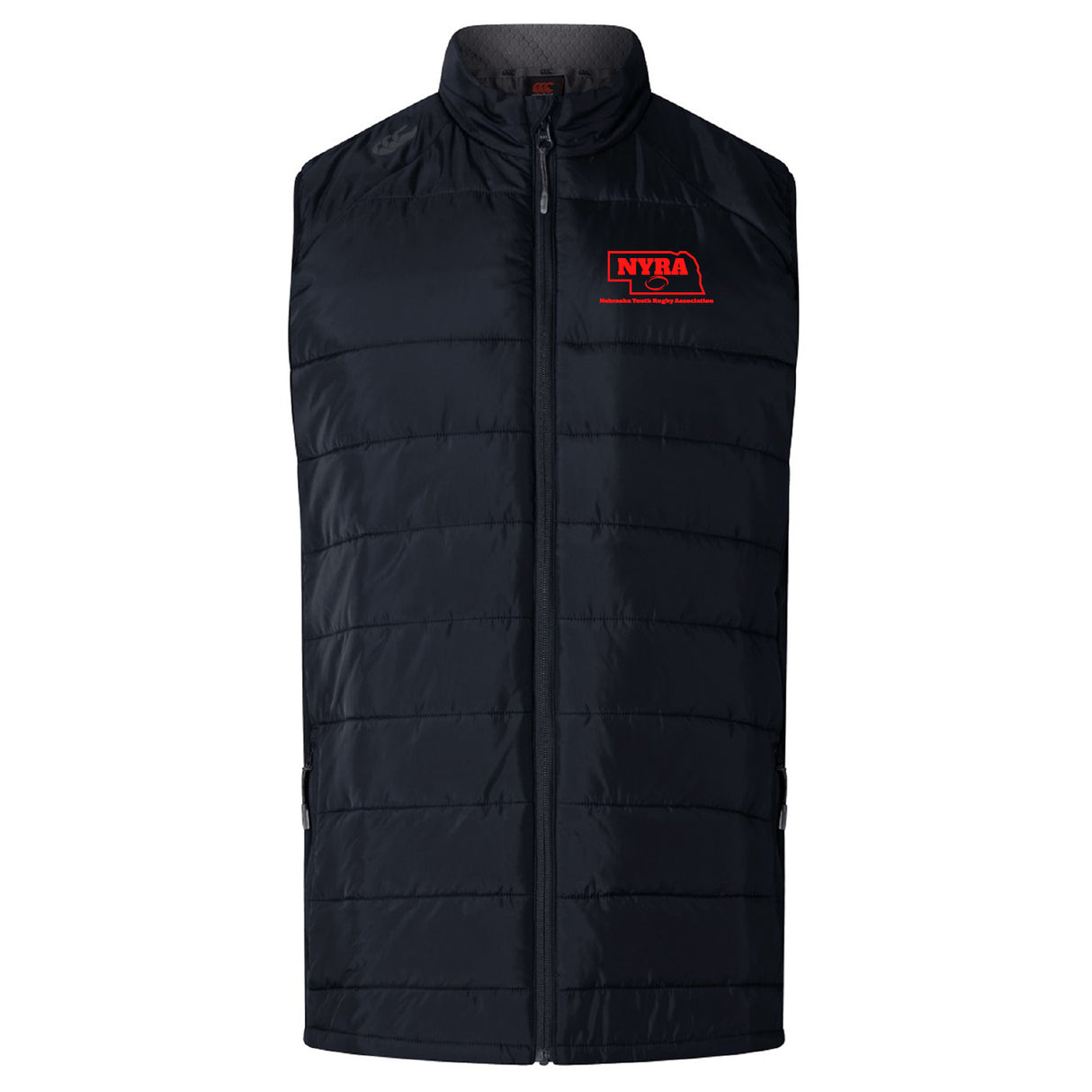 The EMB Canterbury Nebraska Youth Rugby Association Women's Elite Microlite Gilet features black quilted Thermoreg bonded fleece, a front zipper, and a red NYRA logo on the left chest for warmth and style.