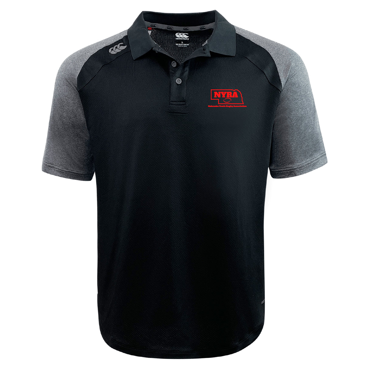 Nebraska Youth Rugby Association Elite Polo by EMB Canterbury, in black and gray with a red NYRA logo on the left chest and Canterbury logo on the right shoulder. Made with advanced Vapodri fabric for comfort.