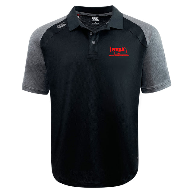 Nebraska Youth Rugby Association Elite Polo by EMB Canterbury, in black and gray with a red NYRA logo on the left chest and Canterbury logo on the right shoulder. Made with advanced Vapodri fabric for comfort.