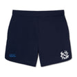 The UNC Rugby Elite Woven Short by EMB Canterbury features a white NSW logo on the right leg, blue Canterbury logo on the left, and zippered pockets—ideal for training sessions.