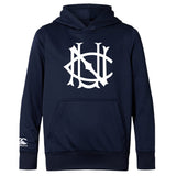 The UNC Rugby Club Lightweight Hoodie by WRS Canterbury features a navy blue design, bold white geometric logo on the chest, subtle branding on the sleeve, and a convenient kangaroo pocket.