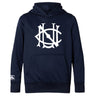 The UNC Rugby Club Lightweight Hoodie by WRS Canterbury features a navy blue design, bold white geometric logo on the chest, subtle branding on the sleeve, and a convenient kangaroo pocket.
