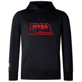 The Nebraska Youth Rugby Association Club Lightweight Hoodie by WRS Canterbury features a red outlined Nebraska, "NYRA" text, "Nebraska Youth Rugby Association" on the chest, and a comfy kangaroo pocket.