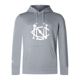 The UNC Rugby Club Lightweight Hoodie by WRS Canterbury features a large white stylized front logo, a small left sleeve logo, and a comfy kangaroo pocket in light gray.