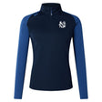 The UNC Rugby Women's Elite First Layer by Canterbury features navy and royal blue colors, a quarter-zip collar, VapoDri moisture-wicking tech, and a white EMB Canterbury logo embroidered on the left chest.