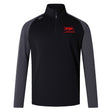 The Nebraska Youth Rugby Association Elite First Layer by EMB Canterbury is a black and gray long-sleeve quarter-zip pullover featuring a red NYRA logo, VapoDri tech for comfort, and a small shoulder logo—ideal training attire.