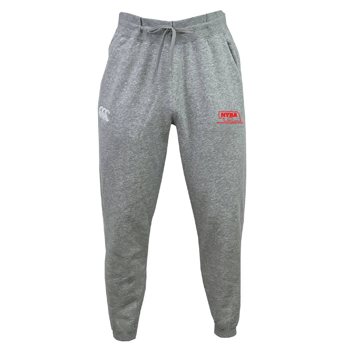 The Nebraska Youth Rugby Association Leisure Sweatpant by EMB Canterbury is crafted from sustainable fleece, featuring an elastic waistband, drawstring, ankle cuffs, and white and red logo prints on the thighs.