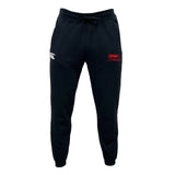 The Nebraska Youth Rugby Association Leisure Sweatpant by EMB Canterbury features a drawstring waistband, sustainable fleece fabric, a white logo on the left, and a red-and-white NYBA logo on the right thigh.