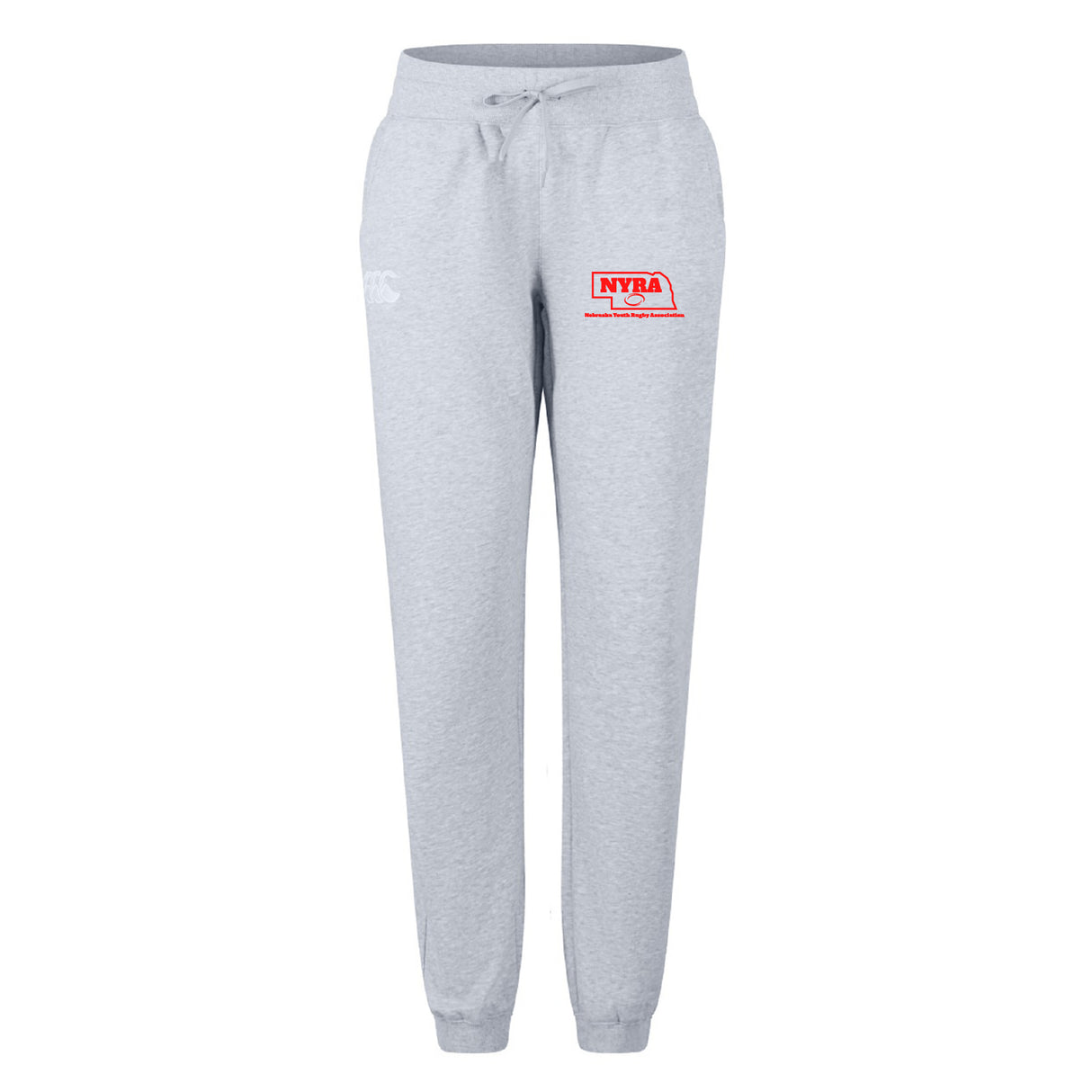 The EMB Canterbury Nebraska Youth Rugby Association Women's Leisure Sweatpant features light gray fabric, an elastic waistband with drawstring, a red NYRA logo on the left thigh, and a small white logo on the right hip.