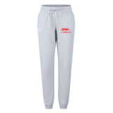 The EMB Canterbury Nebraska Youth Rugby Association Women's Leisure Sweatpant features light gray fabric, an elastic waistband with drawstring, a red NYRA logo on the left thigh, and a small white logo on the right hip.