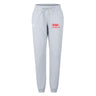 The EMB Canterbury Nebraska Youth Rugby Association Women's Leisure Sweatpant features light gray fabric, an elastic waistband with drawstring, a red NYRA logo on the left thigh, and a small white logo on the right hip.