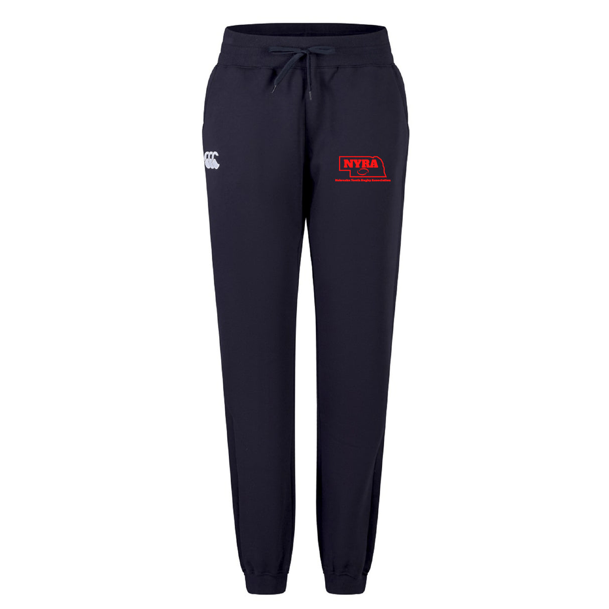 The Nebraska Youth Rugby Association Women's Leisure Sweatpant by EMB Canterbury features a navy blue color, drawstring waist, white Canterbury logo on the left, and red NYRA logo on the right thigh—crafted for comfort.