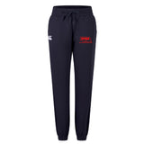The Nebraska Youth Rugby Association Women's Leisure Sweatpant by EMB Canterbury features a navy blue color, drawstring waist, white Canterbury logo on the left, and red NYRA logo on the right thigh—crafted for comfort.