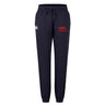 The Nebraska Youth Rugby Association Women's Leisure Sweatpant by EMB Canterbury features a navy blue color, drawstring waist, white Canterbury logo on the left, and red NYRA logo on the right thigh—crafted for comfort.