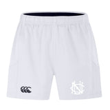 EMB Canterbury UNC Rugby Advantage Short 2.0 features an elastic waistband, eco-friendly recycled materials, a black Canterbury logo on the left leg, and a white monogram logo on the right for performance and style.