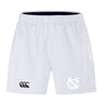 EMB Canterbury UNC Rugby Advantage Short 2.0 features an elastic waistband, eco-friendly recycled materials, a black Canterbury logo on the left leg, and a white monogram logo on the right for performance and style.