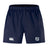 Navy blue UNC Rugby Advantage Short 2.0 by EMB Canterbury with an elastic waistband, two white logos on the lower front, and made with recycled content for sustainability.