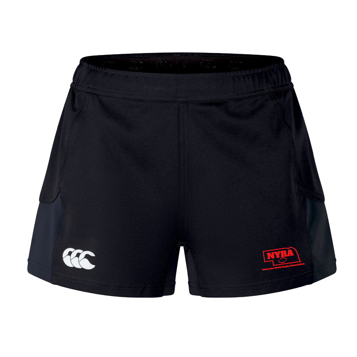 The Nebraska Youth Rugby Association Advantage Short 2.0 by EMB Canterbury features the brand logo on the left leg and a red NYRA patch on the right, shown on a white background—perfect for sustainable sportswear fans.
