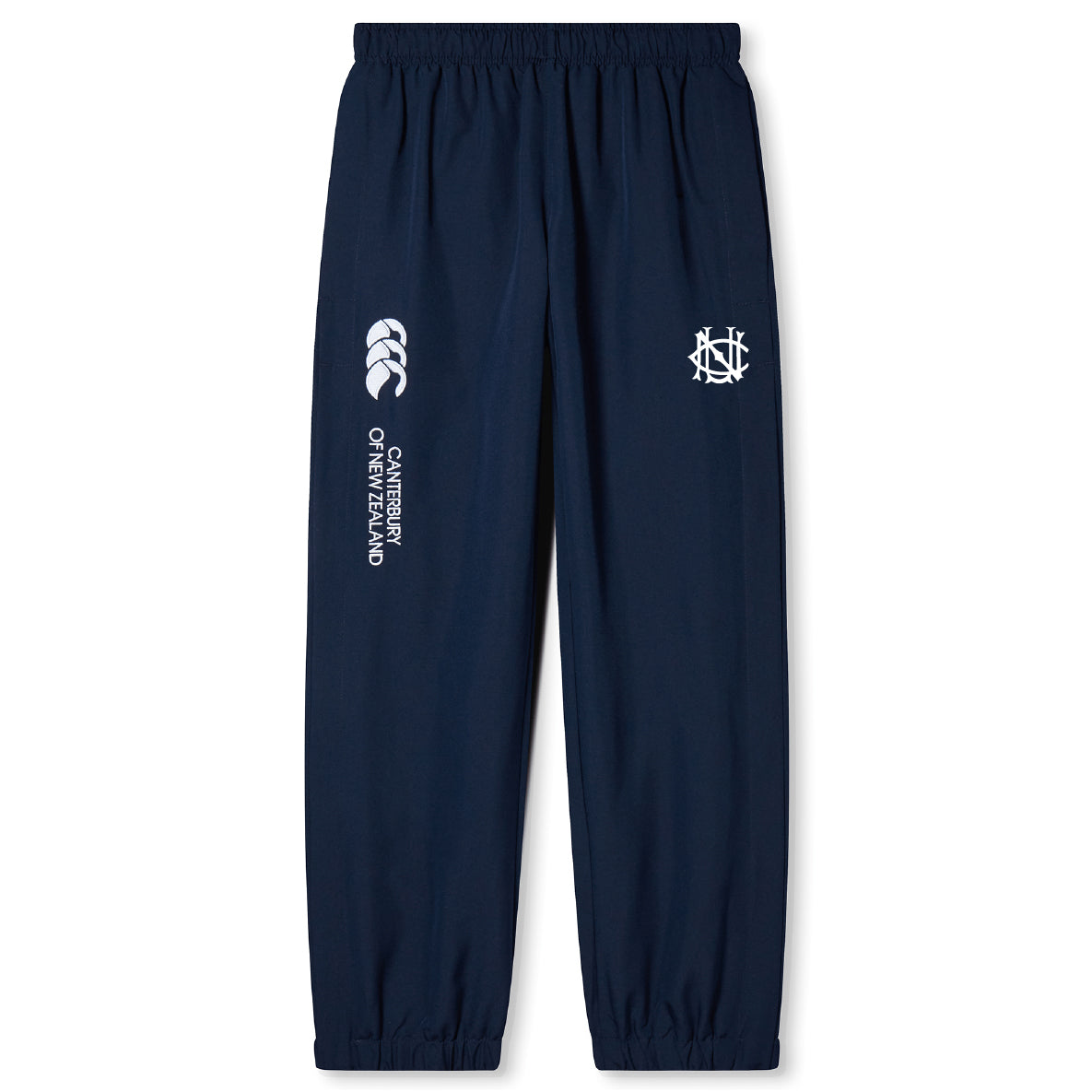 The UNC Rugby Cuffed Hem Stadium Pant by EMB Canterbury features a navy blue design with an elastic waistband, cuffed hems, and white logos on the thighs—ideal comfy rugby pants for sporty style.