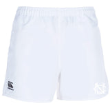 The UNC Rugby Advantage Rugby Shorts by EMB Canterbury are white athletic shorts with an elastic waistband, featuring the CCC Advantage Rugby Shorts logo on the left leg and a white monogram emblem on the right.