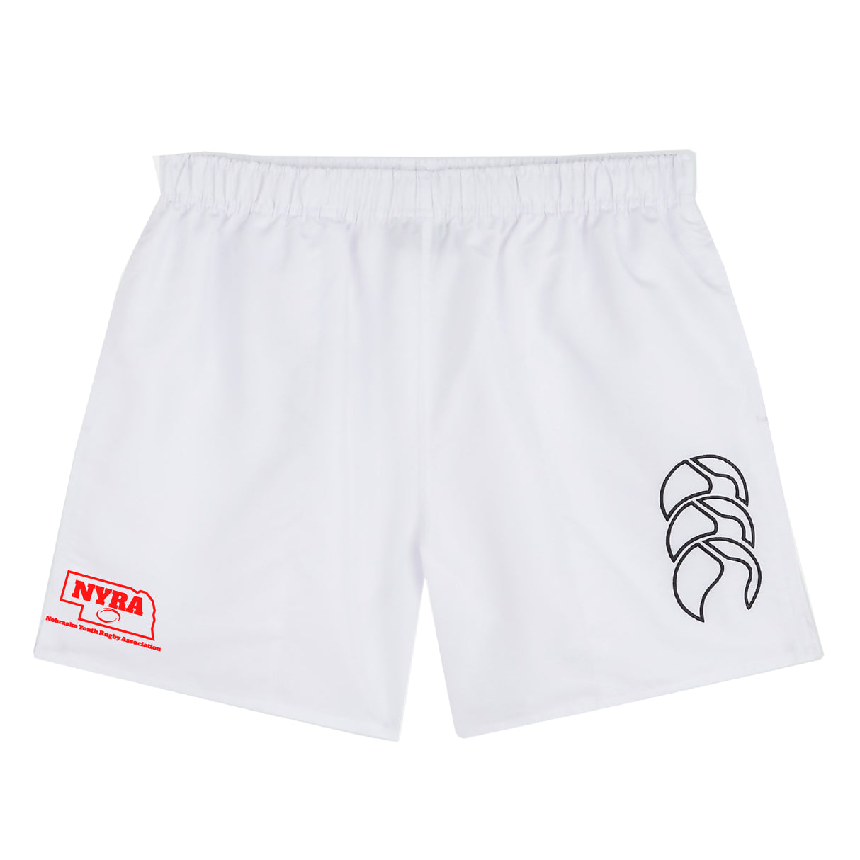 The Nebraska Youth Rugby Association Tactic Short by EMB Canterbury features an elastic waistband, a bold black logo on one leg, and a red NYRA logo on the other—ideal for training or as classic rugby shorts.