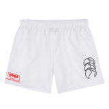 The Nebraska Youth Rugby Association Tactic Short by EMB Canterbury features an elastic waistband, a bold black logo on one leg, and a red NYRA logo on the other—ideal for training or as classic rugby shorts.