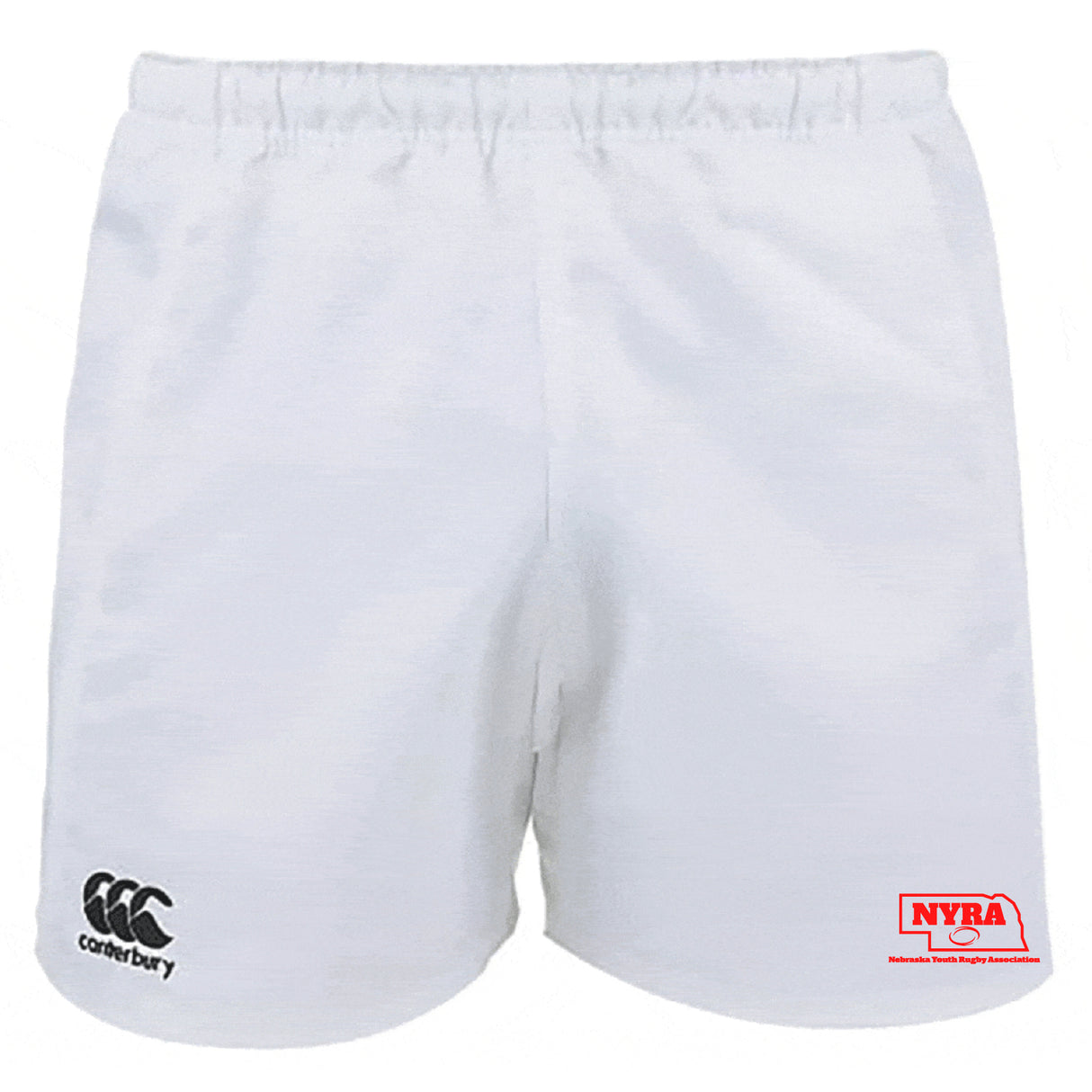 The Nebraska Youth Rugby Association Advantage Rugby Shorts by EMB Canterbury are white, feature the CCC logo on the left leg and NYRA logo on the right, and are designed with moisture-wicking fabric for peak rugby performance.