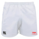 The Nebraska Youth Rugby Association Advantage Rugby Shorts by EMB Canterbury are white, feature the CCC logo on the left leg and NYRA logo on the right, and are designed with moisture-wicking fabric for peak rugby performance.