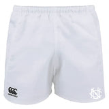 The UNC Rugby Professional Polyester Rugby Short by EMB Canterbury features an elastic waistband, Canterbury logo on the left leg, monogram on the right, and durable polyester—ideal for training or match day.