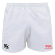 The Nebraska Youth Rugby Association Player's Drill Short by EMB Canterbury features an elastic waistband, the Canterbury logo on the left leg, and a red NYRA Midwest Rugby Association logo on the right—ideal for rugby drills.