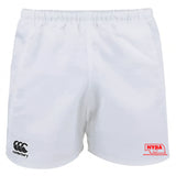 The Nebraska Youth Rugby Association Player's Drill Short by EMB Canterbury features an elastic waistband, the Canterbury logo on the left leg, and a red NYRA Midwest Rugby Association logo on the right—ideal for rugby drills.