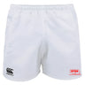 The Nebraska Youth Rugby Association Player's Drill Short by EMB Canterbury features an elastic waistband, the Canterbury logo on the left leg, and a red NYRA Midwest Rugby Association logo on the right—ideal for rugby drills.