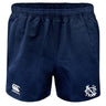 UNC Rugby Professional Polyester Rugby Short by EMB Canterbury in navy blue, featuring an elastic waistband, Canterbury logo on the left leg, and a white monogram on the right.