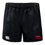 The Nebraska Youth Rugby Association Player’s Drill Short by EMB Canterbury features an elastic waistband, a white Canterbury logo on the left leg, and a red NYRA logo on the right—ideal for rugby drills in style and comfort.