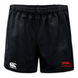 The Nebraska Youth Rugby Association Advantage Rugby Shorts by EMB Canterbury feature an elastic waistband, a white Canterbury logo, and a red NYRA logo. These moisture-wicking black shorts keep you comfortable during intense training.