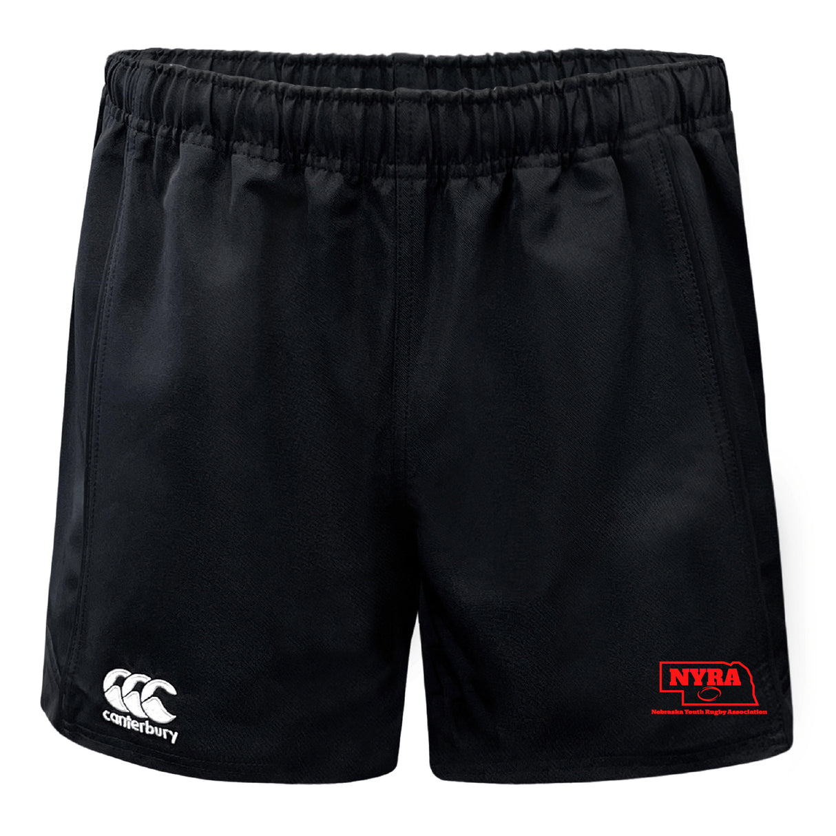 The Nebraska Youth Rugby Association Advantage Rugby Shorts by EMB Canterbury feature an elastic waistband, a white Canterbury logo, and a red NYRA logo. These moisture-wicking black shorts keep you comfortable during intense training.