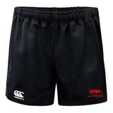 The Nebraska Youth Rugby Association Advantage Rugby Shorts by EMB Canterbury feature an elastic waistband, a white Canterbury logo, and a red NYRA logo. These moisture-wicking black shorts keep you comfortable during intense training.