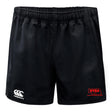 The Nebraska Youth Rugby Association Professional Polyester Rugby Short by EMB Canterbury features a black design, a white Canterbury logo on the left leg, and a red NYRA logo on the right leg.