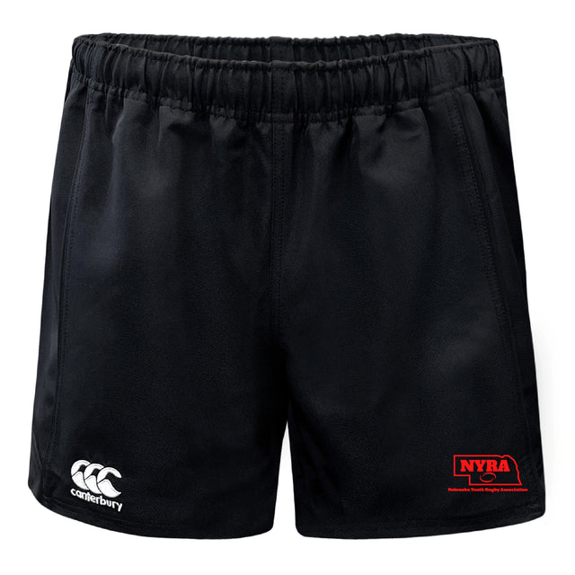 The Nebraska Youth Rugby Association Professional Polyester Rugby Short by EMB Canterbury features a black design, a white Canterbury logo on the left leg, and a red NYRA logo on the right leg.