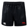 The Nebraska Youth Rugby Association Professional Polyester Rugby Short by EMB Canterbury features a black design, a white Canterbury logo on the left leg, and a red NYRA logo on the right leg.