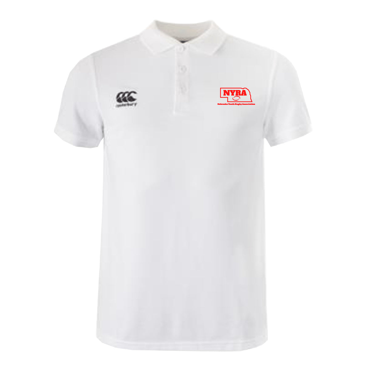 The EMB Canterbury Nebraska Youth Rugby Association Waimak Polo is a white short-sleeve polo featuring “CCC” and “NYRA” with horse logo on chest. Classic style, ideal for casual or sporty wear.